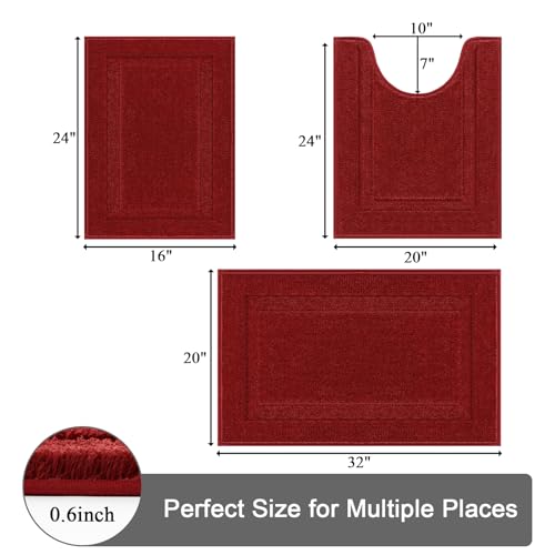 SHACOS Red Bathroom Rugs Sets 3 Piece Small Bath Mat U Shaped Toilet Rug | 20x32+ 16x24+ 20x24, Soft Fluffy Microfiber Bath Rugs Set, Non Slip Washable Absorbent Bathroom Floor Mats Carpet Shower Rug - color: Red, size: 16"x24"+ 20"x32"+U Shape 20"x24"