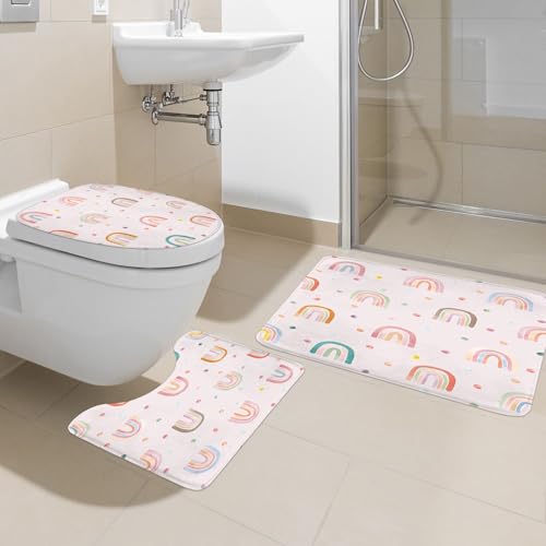 4 PCS Pink Kids Rainbow Shower Curtain Set 72Wx72H Inch Girls Boho Cute Bathroom Rug Set Polka Dot Child Toilet Lid Cover Nonslip U Shape Mat Quick Dry Rubber Backed Dirt Resistant Accessories - color: A Rainbow Pink, size: 72"W x 72"L (Pack of 1)
