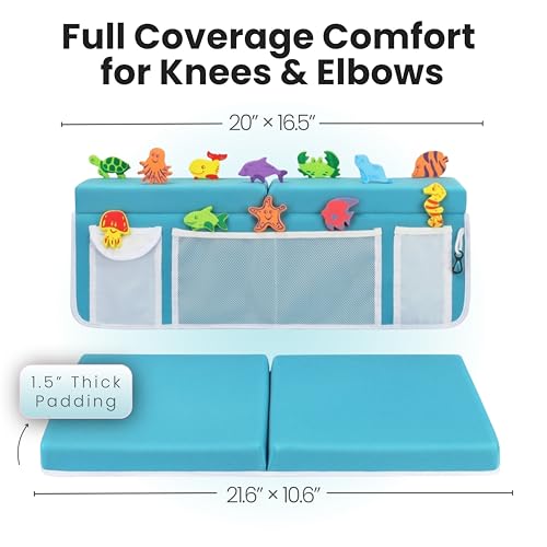 Supa Ant Bath Kneeler –8 Suction Cups & 1.5" Padding.Certified Non Toxic Bath Kneeling Pad for Bath Tub & 5 Bath Organizer. Fast Dry Baby Bath Kneeler and Elbow Rest Pad Set Blue - color: Blue With White Pockets