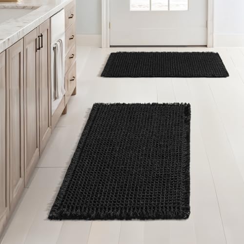 MIULEE Set of 2 Waffle Bathroom Rugs, Boho Bath Rugs Non Slip Washable, Super Absorbent Bath Mats, Ultra Soft Rubber Backed Shower Mats for Bathroom Floor, Tub and Shower, Black, 17x24 Inch - color: Black, size: 17''x24''