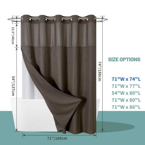 eachope Brown No Hook Waffle Weave Shower Curtain with snap-in Liner Replacement, 230GSM Waterproof Fabric Hotel Shower Curtain Set for Bathroom, Through Mesh Top Window,71Wx74H - color: Brown, size: 71"W x 74"L (Pack of 1)