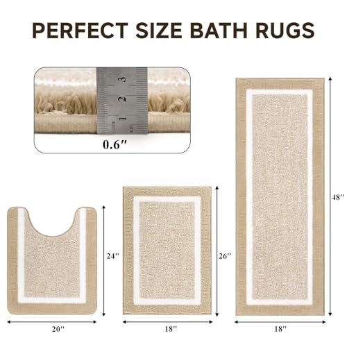 Pauwer 3 Pieces Bathroom Rugs Sets, Microfiber Shaggy Bath Mat Set, Ultra Soft Non-Slip Rug with U Shaped Toilet for Bathroom, Tub, Shower Washable Carpets Set,Beige - color: Beige, size: 18"x26"+18"x48"+U Shape 20"x24"