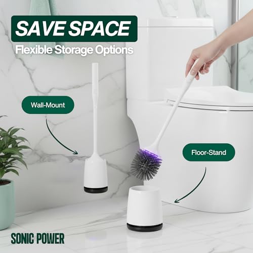 SonicPower Electric Toilet Brush & Scrubber – Self Cleaning Silicone Toilet Bowl Brush with UVC Light, Rechargeable Wireless Spinning Toilet Brush & Holder Set, Wall Mount or Floor Standing (2 Pack)