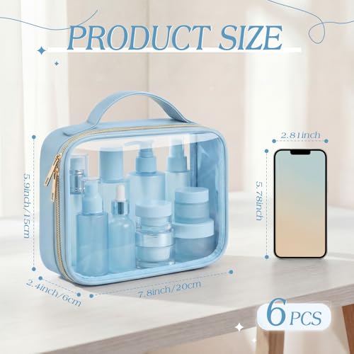 Abbylike 6 Pcs Clear Makeup Bags Bulk 7.9 x 5.9 x 2.4 Inches Quart Size Approved PU Leather Toiletry Bag with Handles Small PVC Clear Travel Cosmetic Case for Women Wedding Bridal Gifts(Blue) - color: Blue
