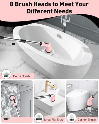 Shower Scrubber with Long Handle, Shower Cleaner Brush with 8 Floor Machine Pads, Cordless Electric Spin Scrubber for Cleaning with 2 Speed, Cleaning Supplies for Bathroom Bathtub Kitchen Floor Toilet - color: Pink, size: 8 Brush Heads