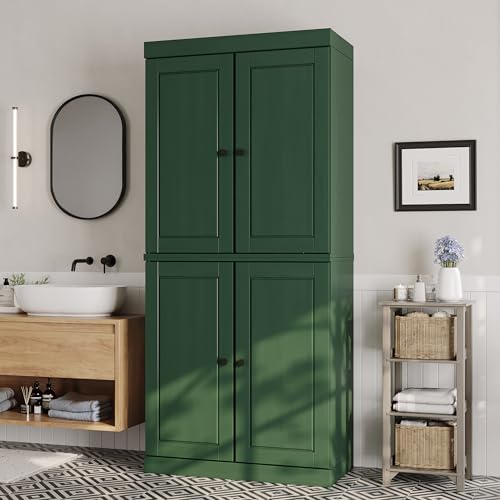 Palace Imports Solid Wood Tall Bathroom Pantry Cabinet with 4 Wooden Doors & Adjustable Shelves, Green - 100% Eco-Friendly, Renewable, Space-Saving Storage, 71.5" H x 32" W, Made in Brazil - color: Green