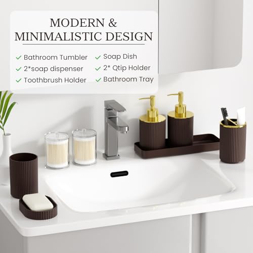 Brown Bathroom Accessories Set, 10PC Bathroom Set, Bath Accessory with Pop Up Trash Can, Soap Dispenser, Toilet Brush, Toothbrush Set Qtip Holders & Tray - color: Brown & Gold, size: 10-Piece Set (Accessories Only)