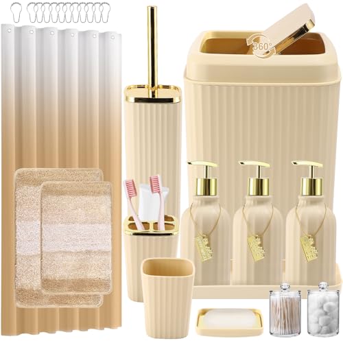 32PCS Bathroom Set Bathroom Sets with Shower Curtain and Rugs Beige Bathroom Accessories,Shower Curtain Set,Bathroom Rug Set with Bathroom Trash Can - size: Bath Set+Gradient Shower Curtain+Bath Rugs, style: Beige