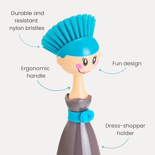 Vigar Dolls Dish Brush with Handle and Holder - Dish Scrubber Brush for Dishes and Pans, Kitchen Scrub Brush, Dishwashing Brush for Kitchen Sink Cleaning, Cute Standing Dish Brush Design - Gray, Blue - color: Gray, Blue