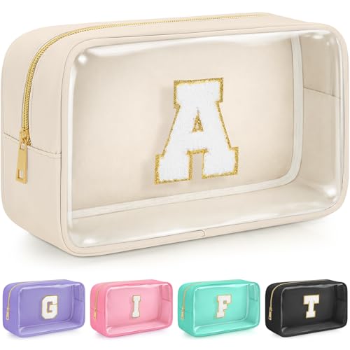 Initial Clear Makeup Bag, Birthday Gift Preppy Chenille Patch Cosmetic Bag, Initial Travel Essentials Beach Toiletry Pouch, Ideal Gift for Teachers & Moms, Women and Girls (Beige, A) - color: Beige, style: A