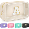 Initial Clear Makeup Bag, Birthday Gift Preppy Chenille Patch Cosmetic Bag, Initial Travel Essentials Beach Toiletry Pouch, Ideal Gift for Teachers & Moms, Women and Girls (Beige, A) - color: Beige, style: A