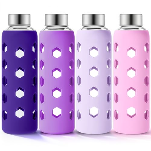 Mrsdry Glass Juice Bottles with Lids and Silicone Sleeves 18 oz, 4-Pack Reusable Clear Glass Water Bottles with Stainless Steel Airtight Cap for Juicing, Refrigerator, BPA Free Leak-Proof Drinking Jar - color: Purple