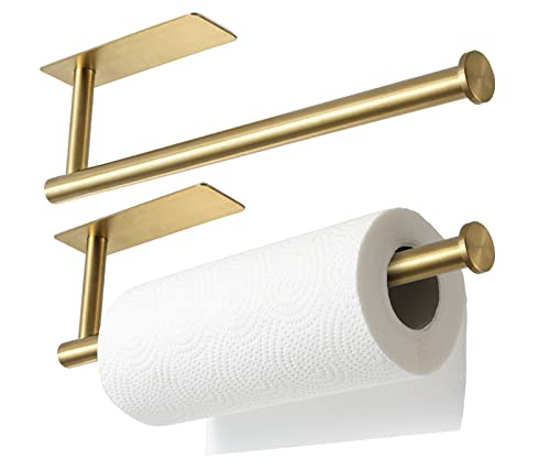 theaoo 2 Packs Paper Towel Holder - Under Cabinet Paper Towel Holder for Kitchen, Adhesive Paper Towel Roll Rack for Bathroom Towel, Wall Mounted Paper Towel Rack, Gold, SUS304 Stainless Steel - color: Gold 2pc
