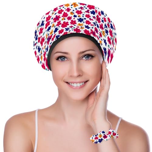 2 Packs Floral Pattern Shower Caps, Waterproof Reusable Bath Caps for Women, Large Shower Hat with Hair Ties Set for Long Thick Hair