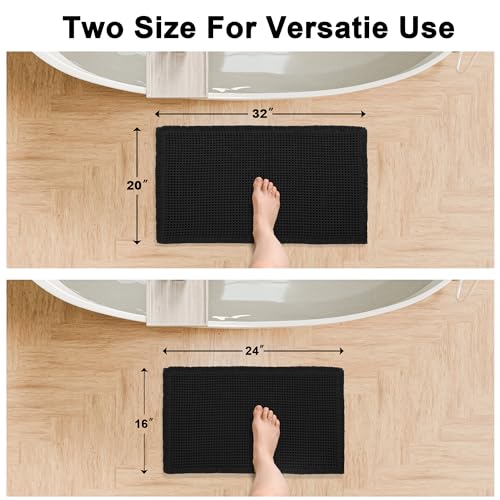 Hiasan Set of 2 Waffle Bath Mat, Super Absorbent Non Slip Bathroom Boho Rug with Tassels, Machine Washable Bath Mats for Bathroom, Ultra Soft Rubber Backed Rug, Black, 16" x 24" + 20" x 32" - color: Black, size: 16" x 24" + 20" x 32"