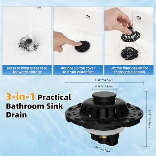 Universal Bathtub Drain Stopper, 2PCS Metal Shower Hair Catcher, Matte Black | 3 in 1 Bathroom Sink Strainer with Visible Top Filter, Tub Stopper for Standard 1.1''~2.36'' Sink Hole - color: Matte Black Finish