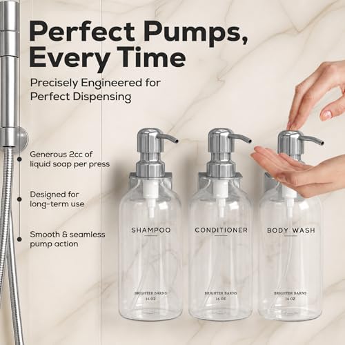Clear Shampoo and Conditioner Dispenser Set Wall Mounted by Brighter Barns - Wall Mounted Shower Shampoo Dispenser for Shower Wall - Refillable Shower Soap Bottles 3 Chamber No Drill (Clear/Silver) - color: Modern (Clear Silver)