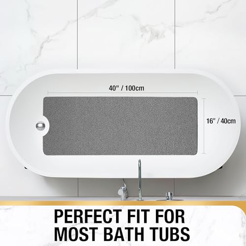 HITSLAM Non Slip Bathtub Mat 40 x 16 Inch, Extra Long Bath Mat for Tub, Soft PVC Loofah Shower Floor Mat with Drain, Quick Drying Bathroom Tub Mat for Wet Area, Without Suction Cup, Grey - color: Grey, size: 40" x 16" (Rectangular)