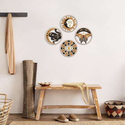 TOARTi 4Pieces Black Gold Gothic Wooden Wall Art, Mystical Witchy Sun Moon Butterfly Round Wall Decor,Boho Celestial Hanging Sign, Modern Aesthetic Mystical Snake Evil Eye Artwork - color: 4PCS Black Gold Gothic Wooden Wall Art