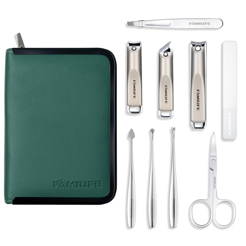 FAMILIFE Manicure Kit for Women, 9 Pcs Carbon Steel Nail Grooming Kit with Compact Case, Stylish Green Travel Manicure Set for Home, On-the-Go Care, Daily Use Nail Clipper Set (Green) - color: Green