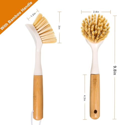FunCee 2 Pack Kitchen Dish Brushes with Bamboo Handle, Dish Scrubber Built-in Scraper, Scrub Brush for Pans, Pots, Counter & Kitchen Sink Cleaning, Dishwashing and Cleaning Brush Tools, White - color: White