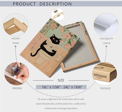 ZWTJPLN Japanese Ukiyo-e Style Black Cat Bathroom Canvas Wall Art Set (8x11/12x16Inches) - 3-Piece Funny Cat Decor for Restroom, Toilet & Home - color: Funny Cat, size: 10L" x 8W"Canvas