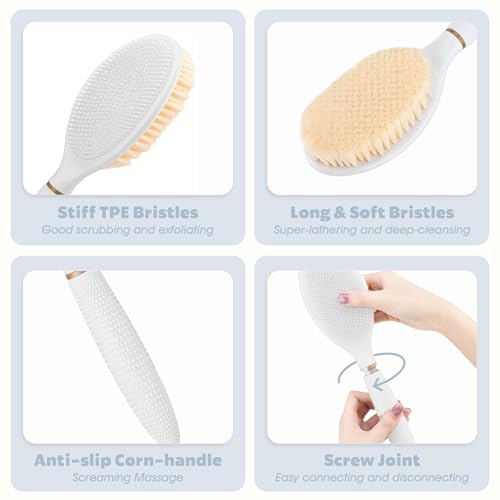 Foot Brush & Back Scrubber Set, 27.5'' Adjustable Foot Scrubber for Shower, 18.9'' Shower Back Scrubber with 3-Length Usage, Great Aid for People with Limited Mobility(White Set) - color: White+back Scrubber