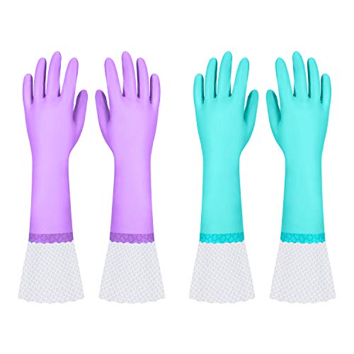 Elgood Reusable Long Dishwashing Cleaning Gloves with Latex Free, Long Cuff,Cotton Lining,Kitchen Gloves 2 Pairs,Purple+Blue Large - color: Long Cuff-purple+blue, size: Large (Pack of 2)