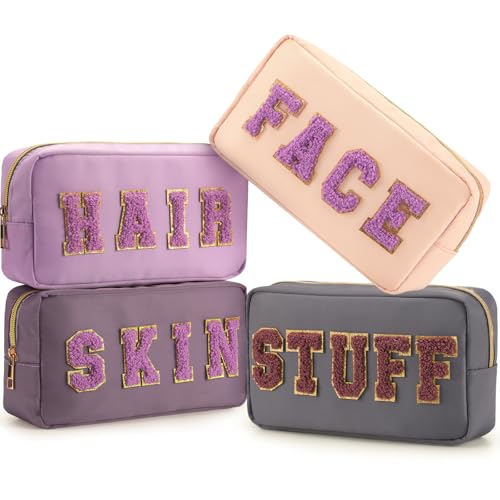 Preppy Makeup Bags Chenille Letter Stuff Bag Nylon Cosmetic Pouch Cases with Zipper for Women Travel Toiletry(Purple Set,Classic,4 Pcs) - color: Purple Set, size: Classic