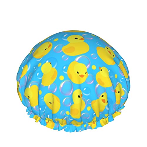 Yellow Rubber Ducks Shower Cap For Women Adjustable Double Waterproof Layers Bathing Shower Hat Hair Protection Reusable Ladies Spa Salon Shower Hat - color: Yellow Rubber Ducks