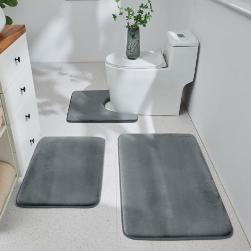 HUXMEYSON Bathroom Rugs Sets 3 Piece, Ultra Soft Velvet Memory Foam Bath Rugs, Non-Slip & PVC Backing Bathroom Mat Set, Washable Quick Dry Bath Rug - Grey - color: Grey, size: 17"x24"+20"x32"+U Shape 20"x24"