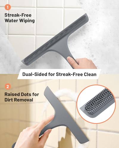 2-in-1 Silicone Shower Squeegee with Hook,Dual-Sided Design with Scraper & Scrub Surface,Rust-Proof Stainless Core,Streak-Free Bathroom Squeegee for Glass Doors,Mirrors,Windows,Car Windshields (Gray) - color: Gray