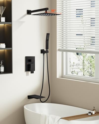gotonovo Shower System with Tub Spout,Waterfall Tub Shower Faucet Set for Bathroom Head and Handle Set Wall Mounted 3 Function Rough-in Valve and Trim Included 10 inch Shower Head Oil Rubbed Bronze - color: Oil Rubbed Bronze, size: 10 inch Shower Head
