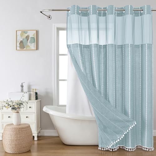 eachope Boho Farmhouse No Hook Shower Curtain Set with Snap-in Fabric Liner,Heavy-Duty Linen Textured Rustic Striped Design,Water-Repellent with Tassels and Sheer Window,Fog Blue,71x74 - color: Fog Blue, size: 71"W x 74"L (Pack of 1)