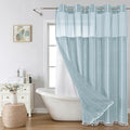 eachope Boho Farmhouse No Hook Shower Curtain Set with Snap-in Fabric Liner,Heavy-Duty Linen Textured Rustic Striped Design,Water-Repellent with Tassels and Sheer Window,Fog Blue,71x74 - color: Fog Blue, size: 71"W x 74"L (Pack of 1)