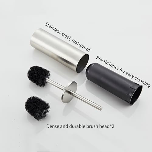 Brushed Nickel Toilet Brush and Holder Set - Stainless Steel Toilet Bowl Scrubber with Replaceable Head & Splash Guard - color: Brushed Nickel