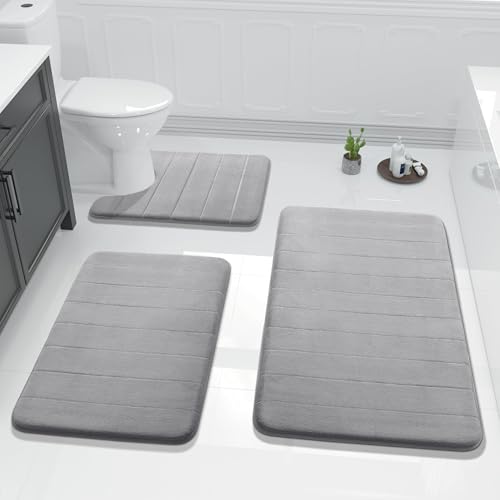 Yimobra 3 Pieces Memory Foam Bath Mat Set with U-Shaped Toilet Rug - Non Slip Super Soft Absorbent Quick Dry Bathroom Rugs for Bathtub, Vanity & Toilet Base, Gray - color: Grey, size: 44''x24'' + 31.5''x20'' + 24''x20''