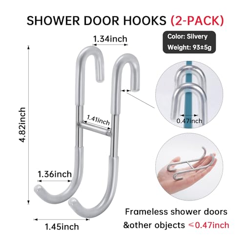 Shower Door Hooks,Towel Hooks for Bathrooms Frameless Glass Door,Heavy Duty SUS 304 Stainless Steel Hook for Towels,Squeegee,Loofah,Shaver,Robe,2 Pack (Silver) - color: Silver