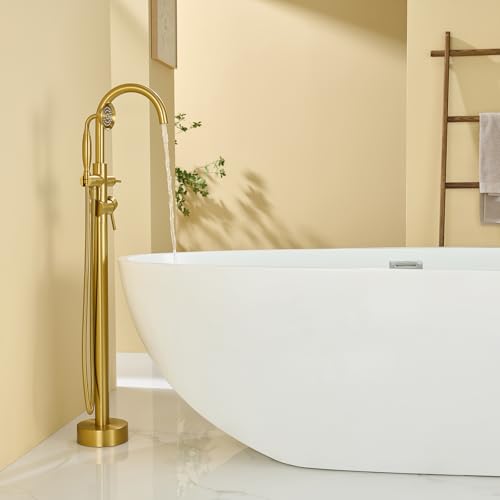 Wowkk Tub Filler Freestanding Bathtub Faucet Brushed Gold Floor Mounted Brass Bathroom Tub Faucets with Hand Shower - color: Brushed Gold