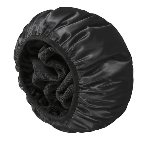 YIZIJIZI Terry Lined Shower Cap, Triple Layer Large Cap for Women, Reusable Waterproof for Long Thick Hair, Black - color: Black