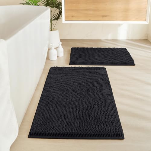 HOMEIDEAS 2 Pieces Bathroom Rugs, Non Slip Absorbent Chenille Toilet Bath Mat Set (Black) - color: Black-black, size: 1'5" x 2'8" (Rectangular 20"x32"+17"x24")