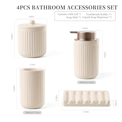 BosilunLife Bathroom Accessories Set - Ceramic Bathroom Set Bathroom Decor Sets Bathroom Counter Lotion Soap Dispenser and Toothbrush Holder Set, Soap Dish, Apothecary Jar (Striped Apricot) - color: Apricot-liquid