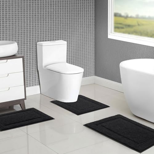 SHACOS Black Bathroom Rugs Sets 3 Piece Small Bath Mat U Shaped Toilet Rug | 20x32+ 16x24+ 20x24, Soft Fluffy Microfiber Bath Rugs Set, Non Slip Washable Absorbent Bathroom Floor Mats Carpet Shower Rug - color: Black, size: 16"x24"+ 20"x32"+U Shape 20"x24