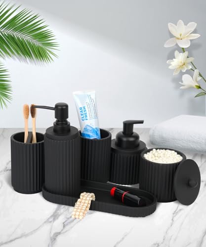 Black Bathroom Accessories Set 6 Pcs - Toothbrush Holder,Lotion Soap Dispenser,Foaming Soap Dispenser,Qtip Holder Dispensers,Vanity Tray,Bathroom Tumbler - Countertop Organizer-Bathroom Accessory Set - color: Matte Black