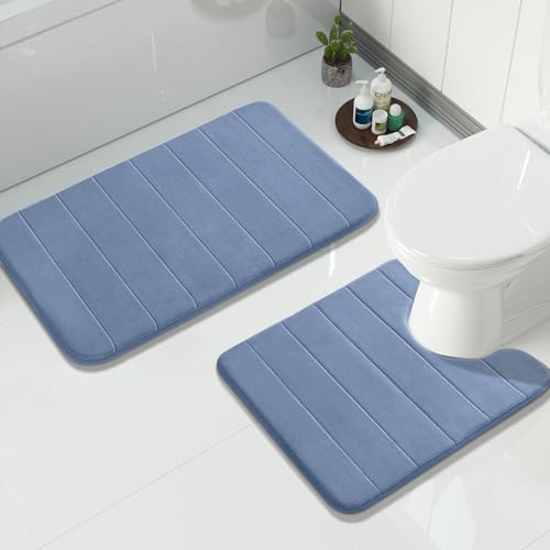 Yimobra Memory Foam Bath Mat Set 2 Piece - Super Soft Absorbent Quick Dry Bathroom Toilet Rugs, Machine Washable Non Slip Floor Carpet for Tub Shower & Single Sink (31.5x20 & 24x20, Denim Blue) - color: Denim Blue, size: 31.5x20+24x20 Inch