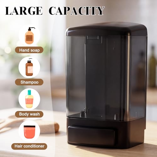 Hushee 2 Pcs Plastic Wall Mounted Soap Dispenser Commercial Manual Soap Containers Wall Dispenser for Kitchen Shower Hotel Liquid Shampoo Gel Chamber (33.8 oz 1000 ml,All Black) - color: All Black, size: 33.8 oz 1000 ml