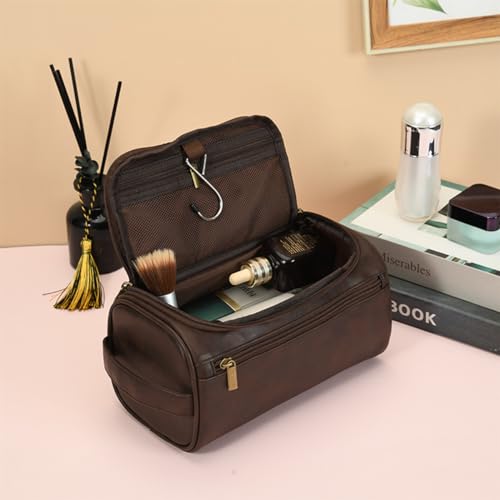 Toiletry Bag for Men, Travel Shaving Dopp Kit Water-resistant Bathroom Toiletries Organizer PU Leather Cosmetic Bags - color: coffee