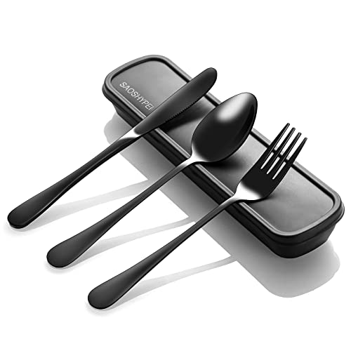 SAOSHYPEI 4-Piece Portable Utensils Set with Travel Case, Reusable Food-Grade Stainless Steel Silverware (Knife, Fork, Spoon), Dishwasher Safe Flatware for Camping, Work Lunch & Picnic, Black - color: Black1