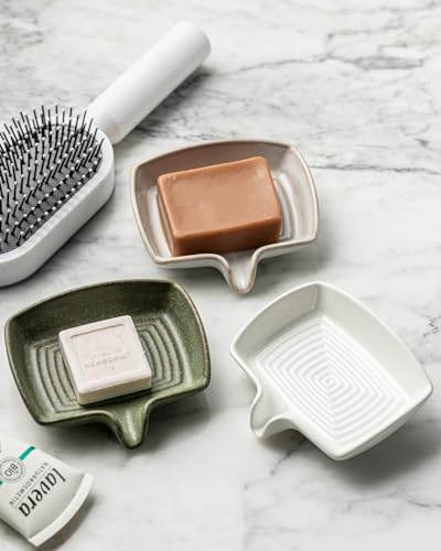 Soap Dishes, Ceramic Shower Soap Dish with Waterfall Design Bar Soap Holder Self Draining Soap Saver for Shower, Bathroom, Sink, Kitchen and Countertop, Beige White - color: Beige White, size: Rectangular