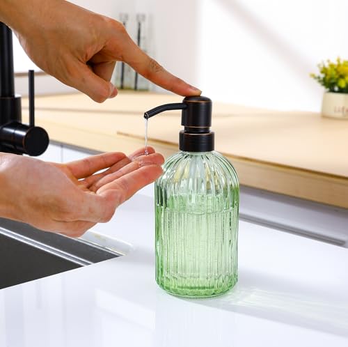 16Oz Green Glass Soap Dispenser with Rust Proof Bronze Stainless Steel Pump, Green Countertop Refillable Liquid Lotion Dispensers with Stainless Steel Pump, Oil Rubbed Bronze Soap Dispenser,2 Packs - color: Oil Rubbed Bronze+ Green, size: 2-Pack